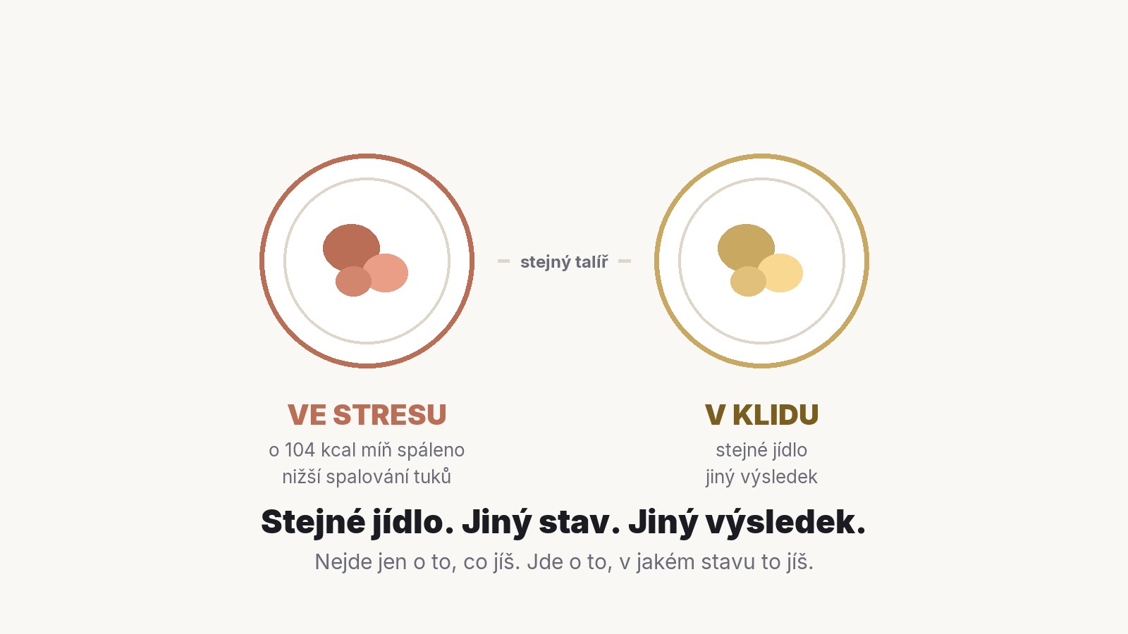 Dva stejné talíře vedle sebe, jeden označený ve stresu a druhý v klidu, se stejným jídlem a jiným výsledkem